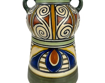 Antike Gouda-Damastvase PZH Holland, ca. 1909, Jugendstil, Doppelhenkel, handbemalte Keramik