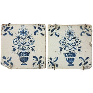 Pair Antique 17th 18th c Dutch Delft Pottery Tiles Flower Urn