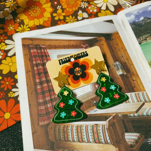 Retro Groovy flower Power inspired Christmas tree earrings