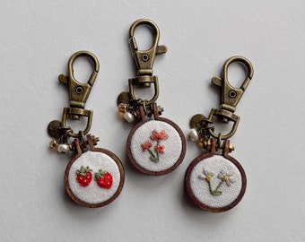 hand-embroidered strawberry keychain | mini embroidered keychain | personalized keychain | strawberry embroidery | mini keychain |