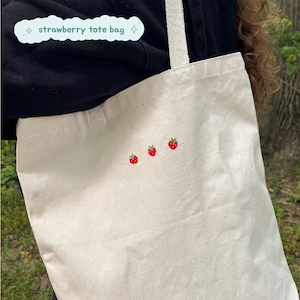 hand-embroidered strawberry tote bag | embroidered tote bag | custom tote bag | strawberry embroidery | tote bag
