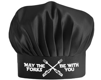 Funny Chef Hat - May The Forks Be With You - Adjustable Kitchen Cooking Hat for Men & Women Black - Made With Reusable and Washable Canvas