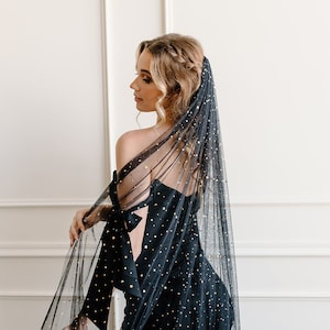 Celestial wedding veil with gold moons and stars - Black or White