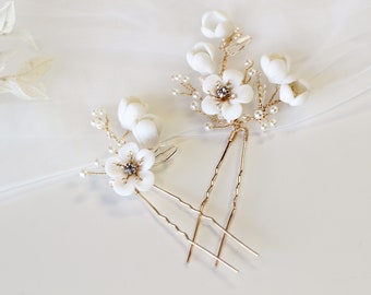 Floral Bridal Hair Pins, Clay Flowers, Small Pearls, set of 2