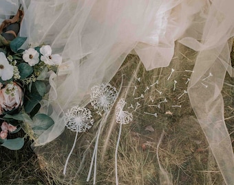 Wild Flower Bridal Veil, Fingertip, Chapel, Cathedral Length, Flowy Tulle, Dandelion, Light Ivory,