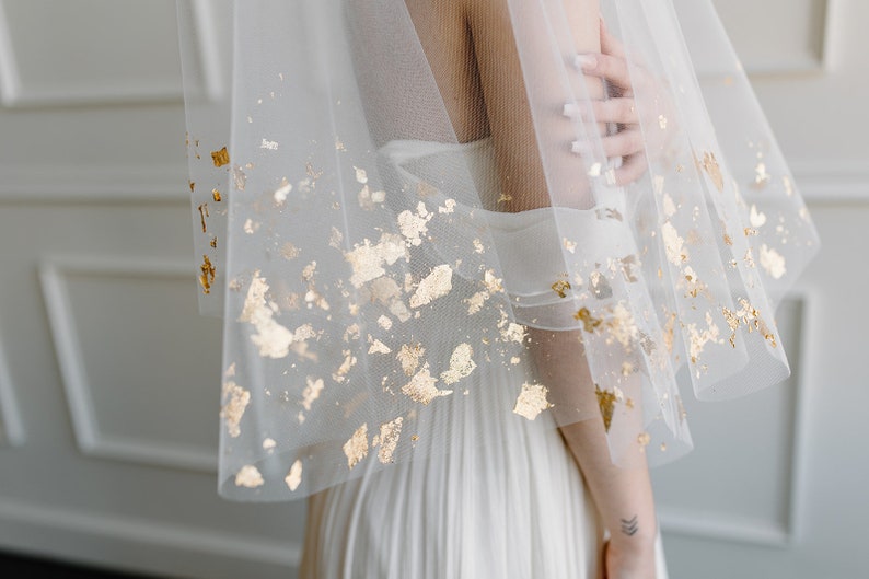 Gold Leaf Foil Drop Veil with Metallic Flakes on Two Layers image 3