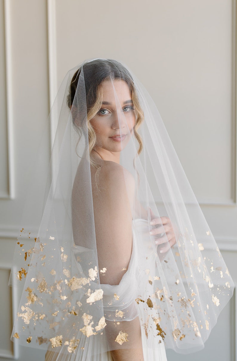 Gold Leaf Foil Drop Veil with Metallic Flakes on Two Layers image 4