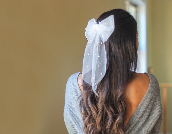 pearl tulle bow bridal hair bow white gold glitter black