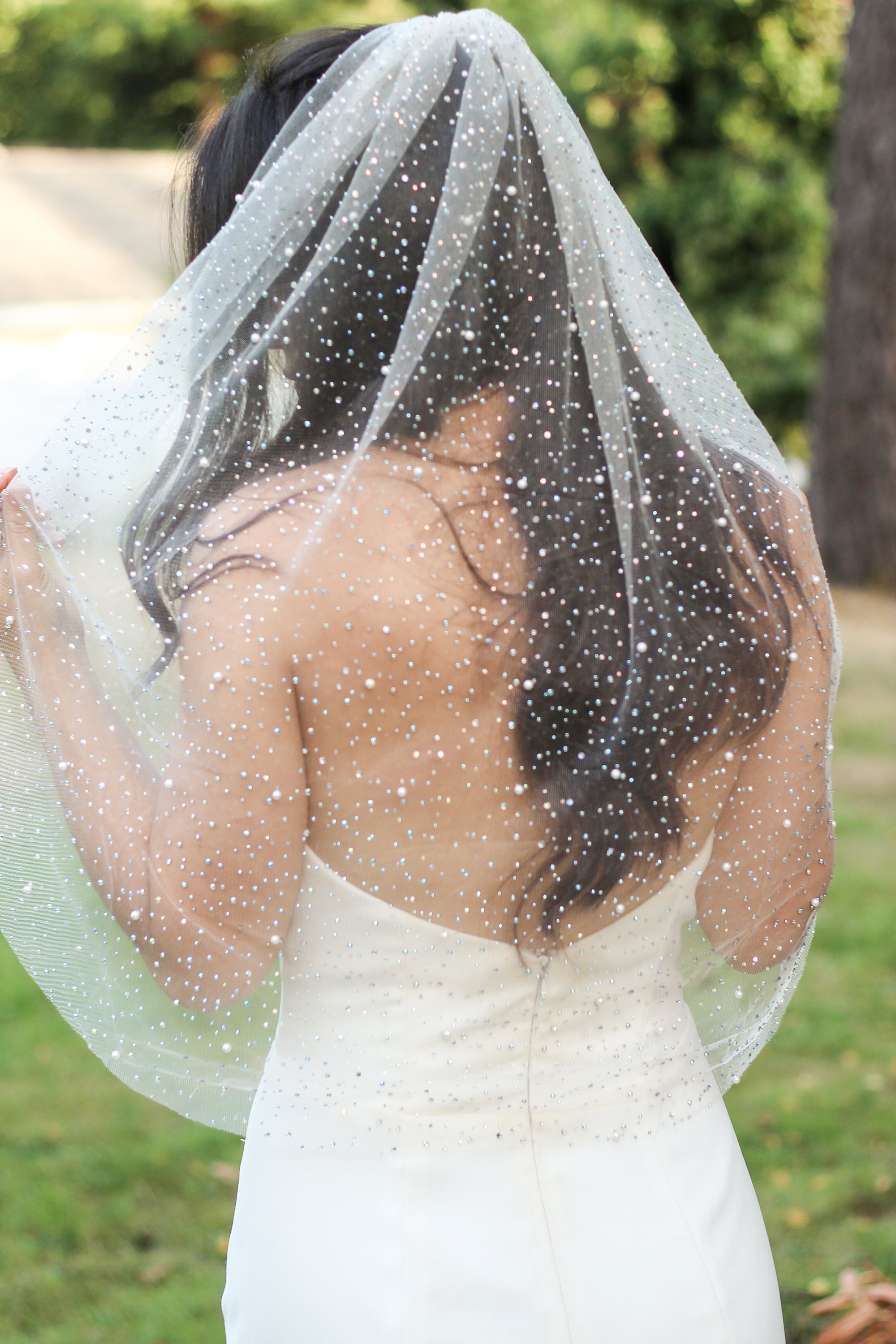 TailoredTulle Scattered Pearl Veil on Soft Bridal Tulle - Elbow, Fingertip, Waltz or Cathedral Length