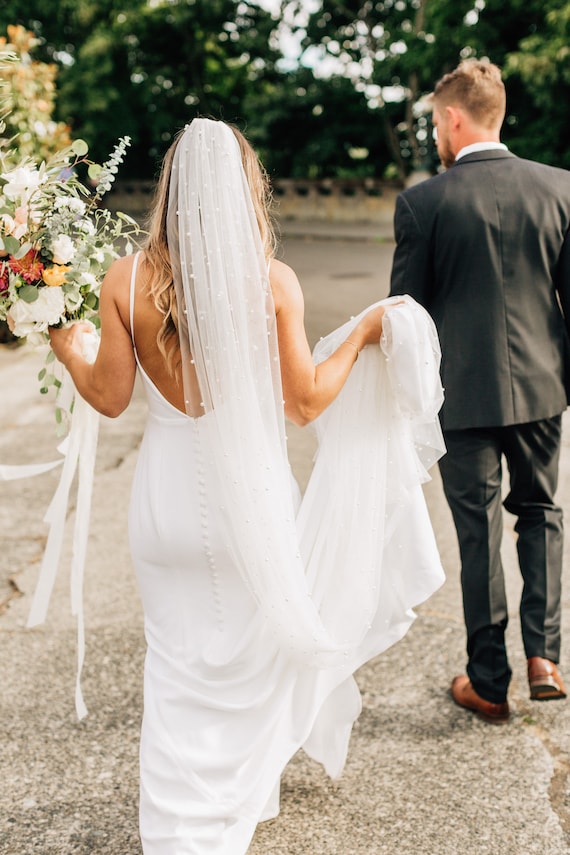 Scattered Pearl Veil on Soft Bridal Tulle Elbow, Fingertip, Waltz or Cathedral  Length 