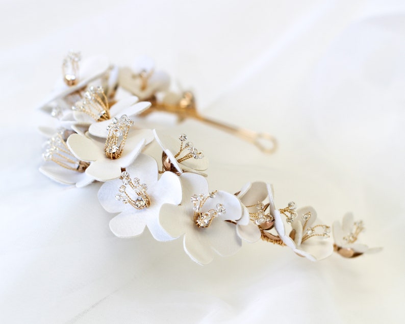 Floral Bridal Headband Faux Leather Flowers Wedding Accessory image 7