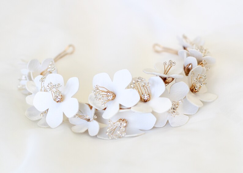 Floral Bridal Headband Faux Leather Flowers Wedding Accessory image 2