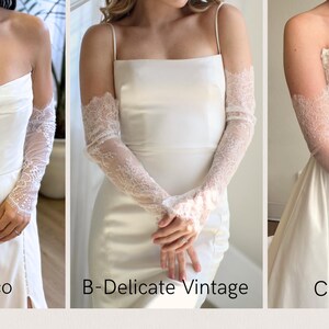 May include: Three white wedding dresses with different styles of lace sleeves. The dresses are labeled A-Art Deco, B-Delicate Vintage, and C-Swiss Dot. The sleeves are made of delicate lace.
