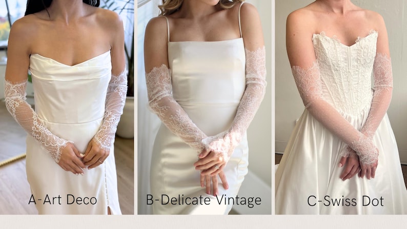 May include: Three white wedding dresses with different styles of lace sleeves. The dresses are labeled A-Art Deco, B-Delicate Vintage, and C-Swiss Dot. The sleeves are made of delicate lace.