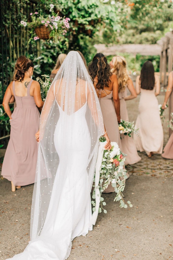 Scattered Pearl Veil on Soft Bridal Tulle Elbow, Fingertip, Waltz