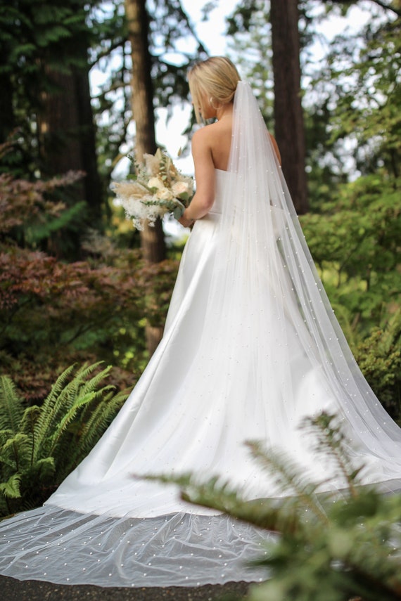 Pearl Scatter Cathedral Wedding Veil with Matching Pearl Headband