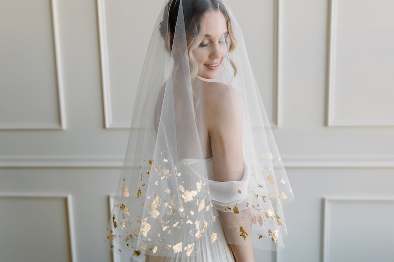 Gold Leaf Foil Drop Veil with Metallic Flakes on Two Layers image 1