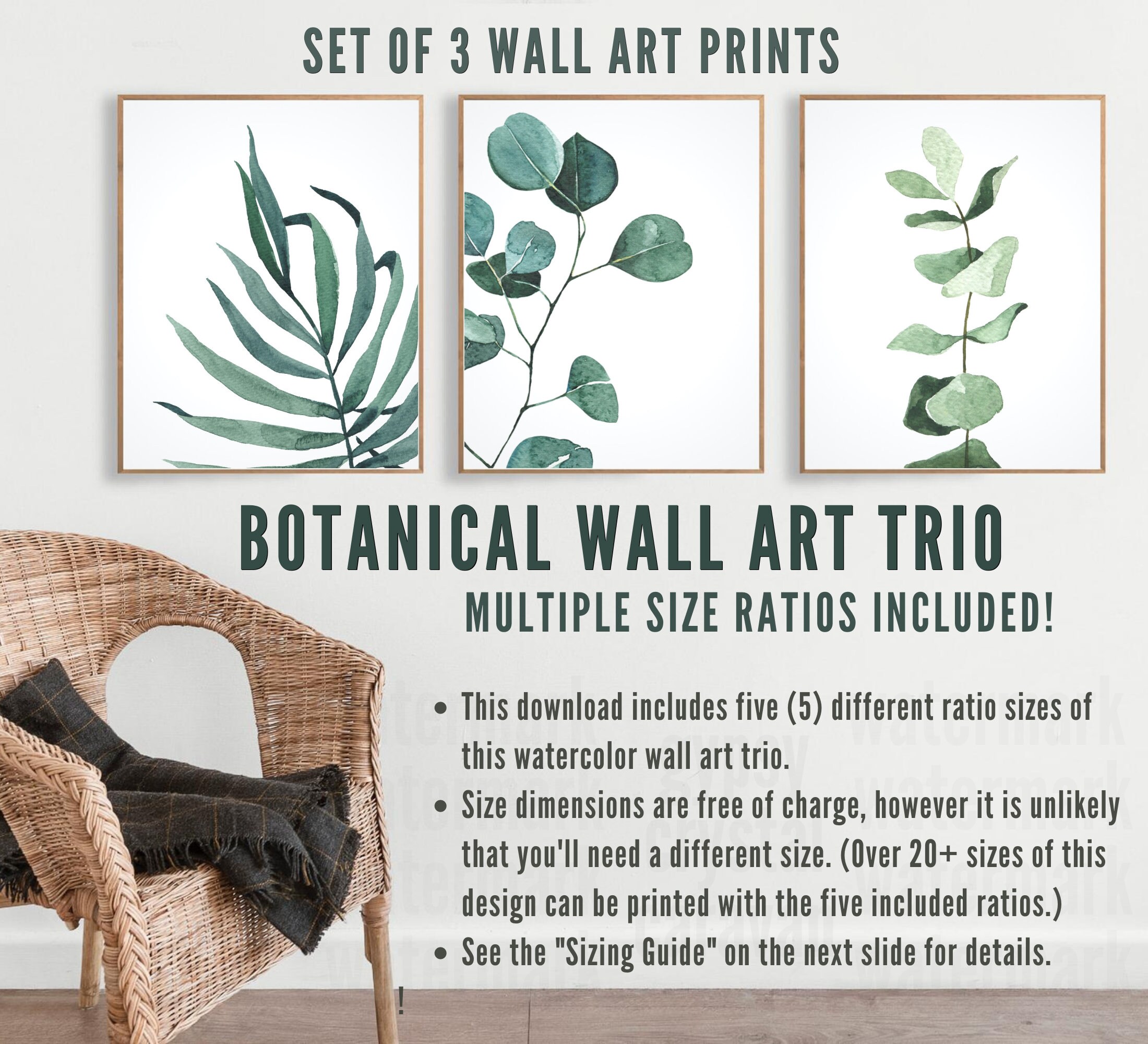 Set of 3 Watercolor Botanical Wall Hangings, Printable Minimalist Art ...