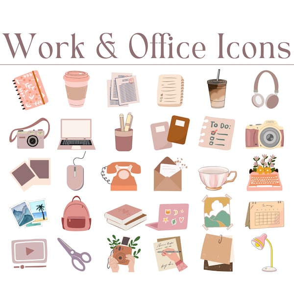 140 Work Office Icons, Productivity Icons, Mac, Windows, PC, Notion, WFH, Folder Icons, File Icons, Desktop, Icons for Students, Tech, Icons