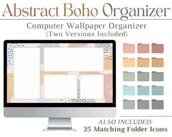 Desktop Wallpaper Organizer + 25 Folder Icons, Abstract Boho, Desktop Organizer Background, Instant Download, Mac, PC, Tech, Productivity