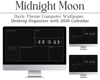 2026 Midnight Moon Desktop Wallpaper, Dark Theme, Organizer, Calendar, Mac, PC, Windows, Tech, Black, Productivity, Computer Background, HD