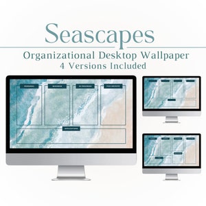 May include: Four different versions of a desktop wallpaper featuring a seascape with a sandy beach and ocean waves. The wallpaper is divided into sections labeled "Personal", "Business", "In Progress", "File Archive", and "Applications".