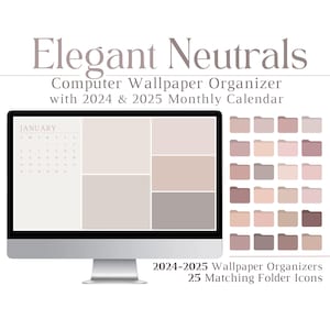 Set di organizzatori di sfondi per desktop 2025 con oltre 25 cartelle, eleganti colori neutri, estetica, produttività, organizzazione, Mac, PC, tecnologia, minimalista