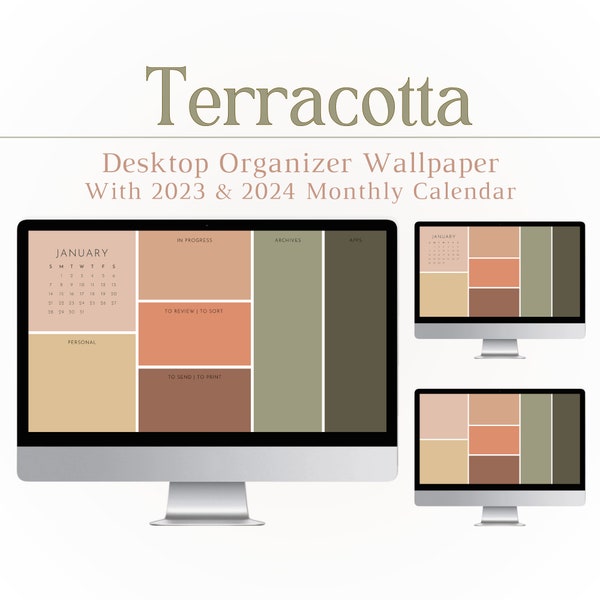 Terracotta Desktop Wallpaper Organizer, Computer Background, 2024 Calendar, Organizational, Wallpaper, Mac, PC, Windows, Desktop Organizer