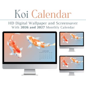 Peut inclure: Un affichage de produit numérique avec le texte Koi Calendar, HD Digital Wallpaper and Screensaver With 2026 and 2027 Monthly Calendar. L'écran montre deux carpes koï orange et blanches nageant sur un fond dégradé avec un calendrier de janvier.