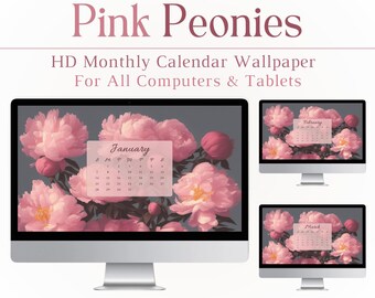 2023 & 2024 Desktop Wallpaper, Floral, Wallpaper Calendar, Pink Peonies, Mac, PC, Windows, Flower, Productivity, Desktop Wallpaper Organizer