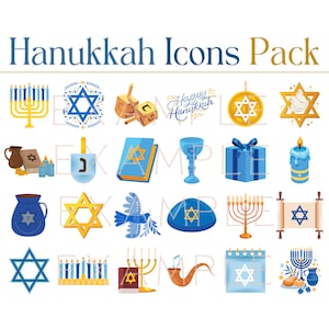 Op de afbeelding: Een set van 18 kleurrijke Chanoeka-pictogrammen, waaronder een menorah, een draaiend tolletje, een ster van David en een blauwe geschenkdoos. De pictogrammen zijn perfect om feestelijke ontwerpen te maken voor kaarten, uitnodigingen en andere projecten.