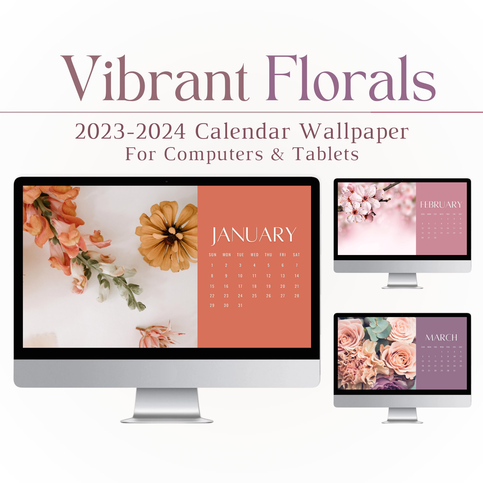 Floral Calendar Wallpaper for Mac & PC, Desktop Wallpaper, Laptop, Tablet,  2024, Colorful, Flowers, Pretty, Bright, HD, Tech - Etsy