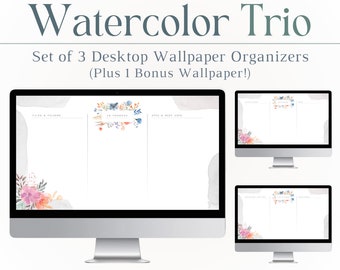 Watercolor Trio Desktop Wallpapers, Minimalist, Desktop Organizers, Computer Background, Mac, PC, Productivity, Student, Tech, Set of 4, HD