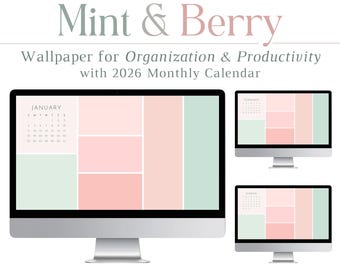2026 Mint & Berry Wallpaper, Computer Organizer, Calendar, Laptop, Desktop, Organization, Student, Productivity, Pink, Cute, Mac, PC, Tech