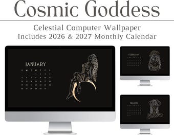 2026 & 2027 Cosmic Goddess Desktop Wallpaper, Calendar, Astrology, Celestial, Computer Background, Zodiac, Dark Theme, Night, Mac, PC, Black