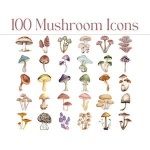 May include: 100 watercolour mushroom icons in various colours and styles. The mushrooms are arranged in rows and columns on a white background.
