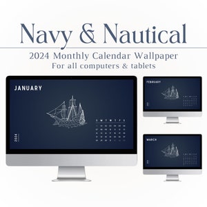 Navy & Nautical Desktop Wallpaper, 2024 Calendar, Computer Background, Sailing, PC, Mac, Blue, Dark, Dark Theme, Minimalist, Aesthetic, Boat