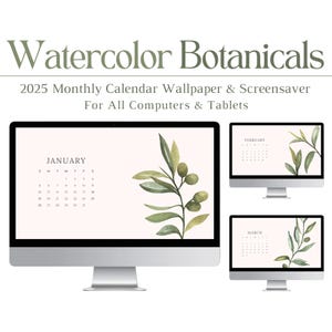 Puede incluir: Fondo de pantalla digital y protector de pantalla con calendario mensual de 2025 con ilustraciones botánicas en acuarela. El diseño incluye detalles de ramas de olivo sobre un fondo rosa claro, apto para ordenadores y tabletas.