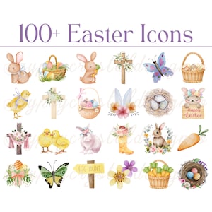 May include: A set of 20 watercolor Easter icons featuring bunnies, chicks, eggs, crosses, butterflies, carrots, baskets, flowers, and nests. The icons are perfect for adding a touch of spring to your crafts, cards, and other projects.