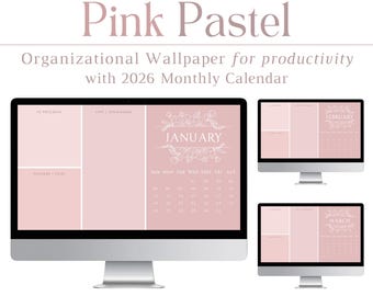 2026 Pink Pastel Desktop Wallpaper Organizer + Calendar, Organizational, Productivity, Mac, PC, Pink, Cute, Aesthetic, Computer Background
