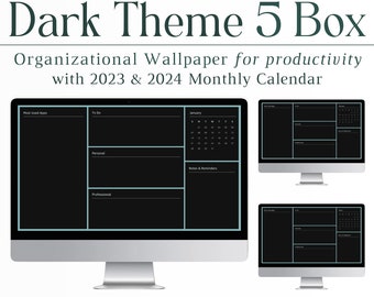 Dark Theme Desktop Organizer Wallpaper, 2024 Calendar, Dark, Digital, Instant Download, Organizational Wallpaper, Mac, PC, Tablet, iPad, HD