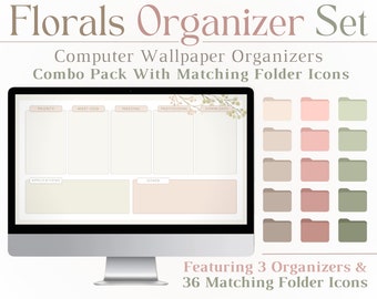 Simple Florals Desktop Organizer, Folders Icons, Computer Wallpaper, Icon Pack, Productivity, Minimalist, Mac, Windows, PC, Tech, Bundle, HD