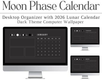 2026 Moon Phase Calendar, Dark Theme, Desktop Wallpaper, Calendar, Background, Lunar, Celestial, Organizer, Mac, PC, Windows, Night Mode, HD