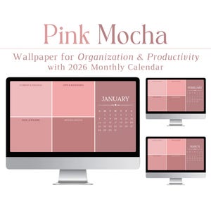 Peut inclure: Trois écrans d'ordinateur affichant un fond d'écran rose et mauve avec un calendrier mensuel 2026. Le fond d'écran est divisé en sections intitulées "Current & Ongoing", "Apps & Bookmarks", "Files & Folders" et "Miscellaneous".