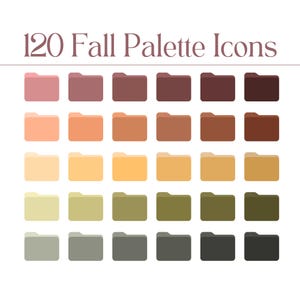 Pode incluir: Uma grade de 24 ícones de pasta em uma variedade de cores de outono, incluindo tons de rosa, laranja, amarelo, verde e cinza. O texto "120 Fall Palette Icons" é exibido na parte superior da imagem.