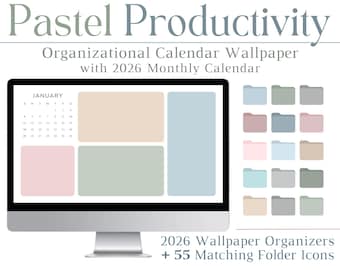 2026 Pastel Productivity Desktop Calendar Wallpaper & Folder Combo Set, Minimalist, Desktop Organizer, Background, Folders, Icons, Tech, HD
