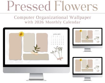 2026 Pressed Flowers Wallpaper, Computer Background, Boho, Beige, Scrapbook, Mac, PC, Windows, iPad, Desktop, Laptop, Calendar, HD, Vintage