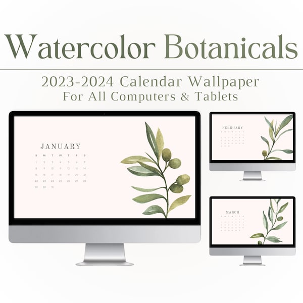 2024 Watercolor Botanicals Desktop Wallpaper, Computer Background, Calendar, Wallpaper, PC, Mac, Nature, Plants, Beige, Boho, Aesthetic, HD