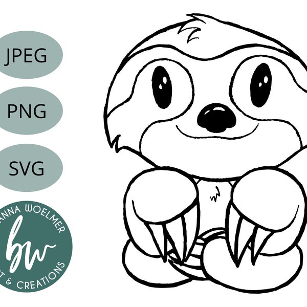 Cute Baby Sloth SVG, PNG, JPEG Downloadable Image | Black Outline of Three-Toed Sloth | Digital Download Sloth Clipart | Cricut, Silhouette