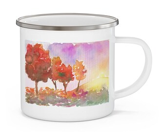 Autumn Mug | Fall Mug | Autumn Blaze Enamel Camping Mug | Maple Trees Camp Mug | 12 oz. Stunning Fall Sunset Campfire Mug